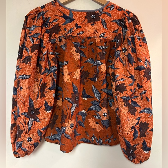 ULLA JOHNSON Joanie Blouse 4 Orange Floral Carmine pullover tie peasant birds - Picture 5 of 7